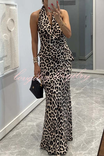 Wild Sexy Leopard Print Halter Cowl Neck Top and Elastic Waist Flare Maxi Skirt Set