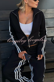 Fashionable Sports Style Striped Long-sleeved Jacket and Elastic Waist Casual Pants Set