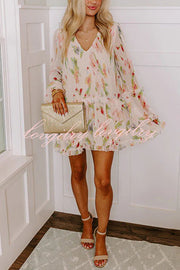 Striking Pleated Floral Print V Neck Ruffle Paneled Long Sleeve Mini Dress