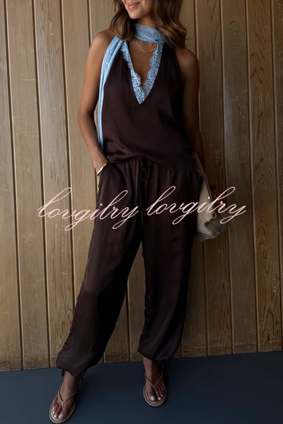 Sunday Social Satin Drawstring Elastic Waist Pocketed Loose Jogger Pants