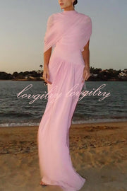 Elegant Mesh Cape-style Pleated Draped Maxi Dress