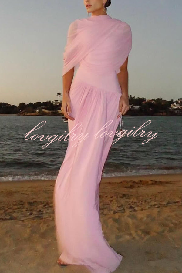 Elegant Mesh Cape-style Pleated Draped Maxi Dress