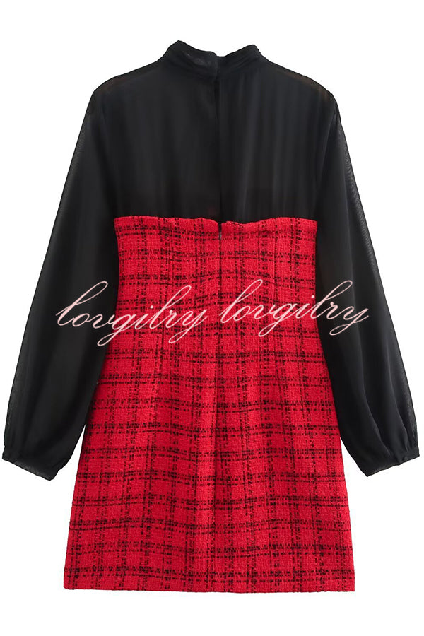 Festive Elegance Tulle Plaid Tweed Patchwork Balloon Sleeve Mini Dress