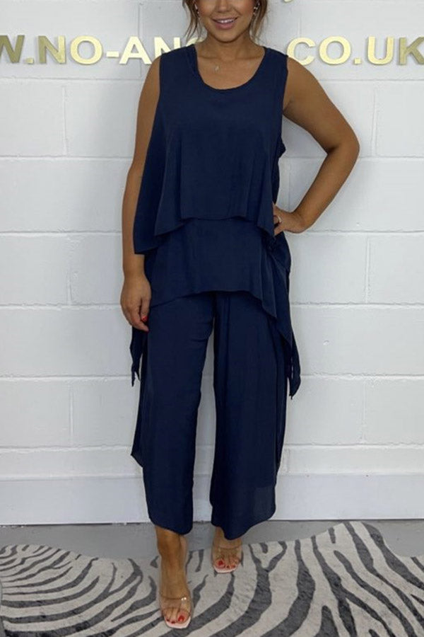 Solid Color Round Neck Sleeveless Irregular Loose Top and Elastic Waist Wide Leg Pants Set