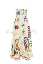 Miami Happy Hour Linen Blend Unique Print Smocked Back Pocket Dress