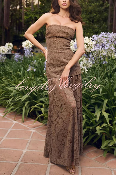 Sepia Kiss Floral Lace Off Shoulder Flowing Hem Maxi Dress