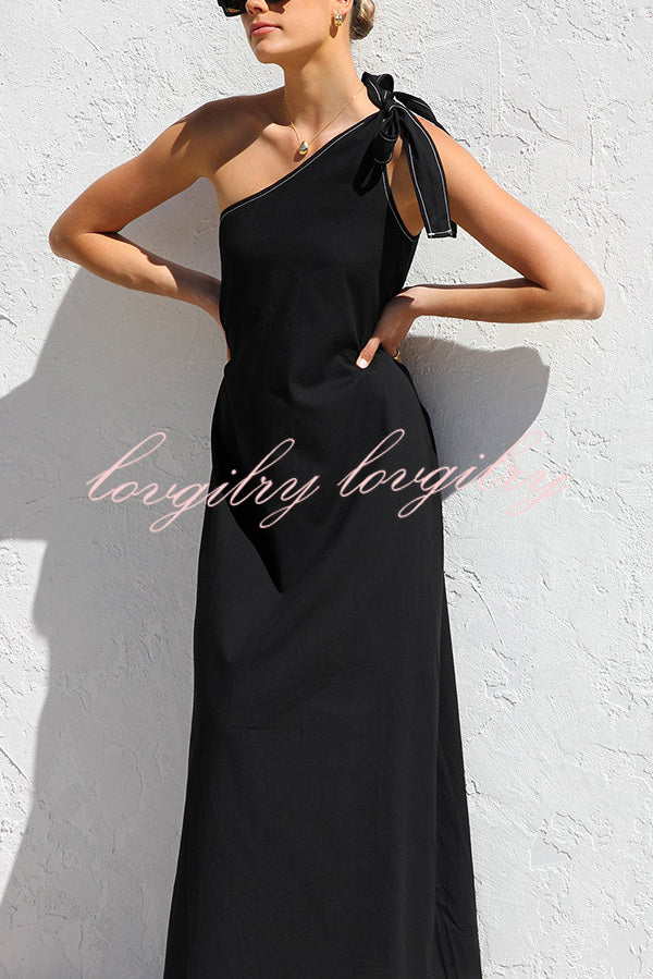 Solid Color One-shoulder Strappy Elegant Sloping Collar Loose Maxi Dress