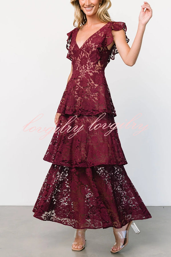 Lace V-neck Ruffled Sleeves Cinched Waist Maxi Dress