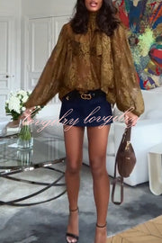 Reigna Semi-sheer Floral Lace Bow Neck Balloon Sleeve Loose Blouse