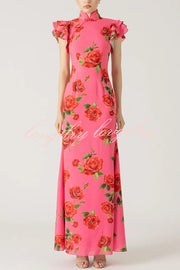 Cheongsam Style Rose Floral Print Tiered Flare Sleeve Stretch Maxi Dress