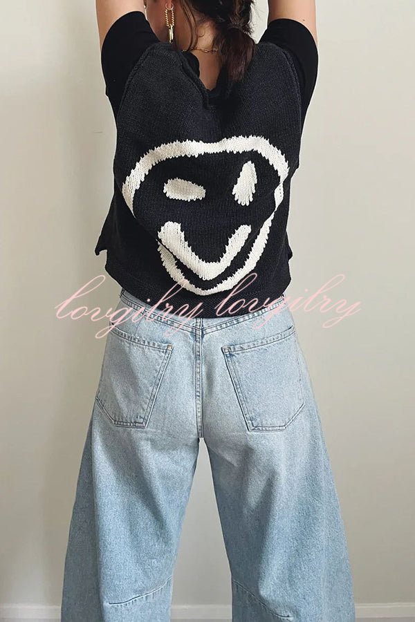 Always Happy Face Knit Unique Pattern Versatile Loose Tank Top