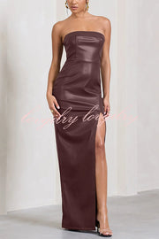 Sexy Meaning Faux Leather Strapless Bandeau Split Maxi Dress