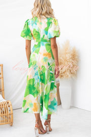 Sophia Floral Print Satin Puff Sleeve Twist Front Cutout Midi Dress