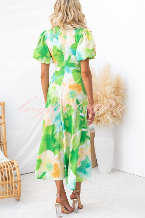 Sophia Floral Print Satin Puff Sleeve Twist Front Cutout Midi Dress