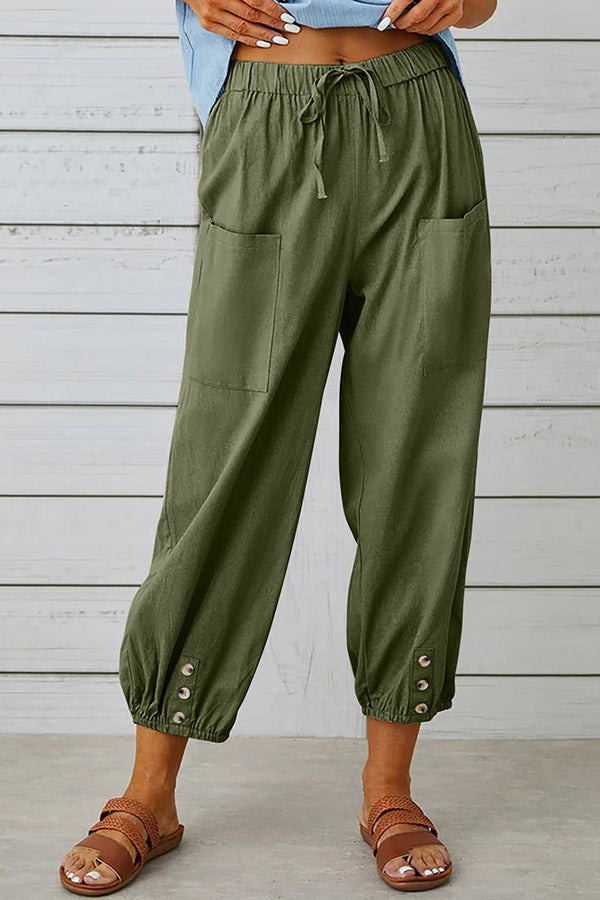 Tatum Linen Blend Elastic Waist Pocketed Button Hem Pants