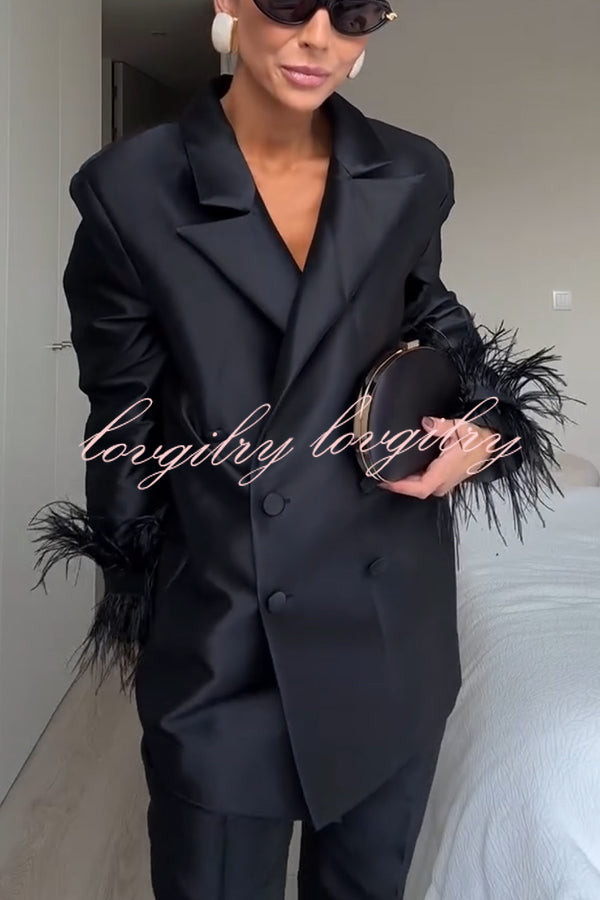 Chic Affair Satin Feather Trim Lapel Loose Blazer and High Rise Pocket Tapered Pants Set