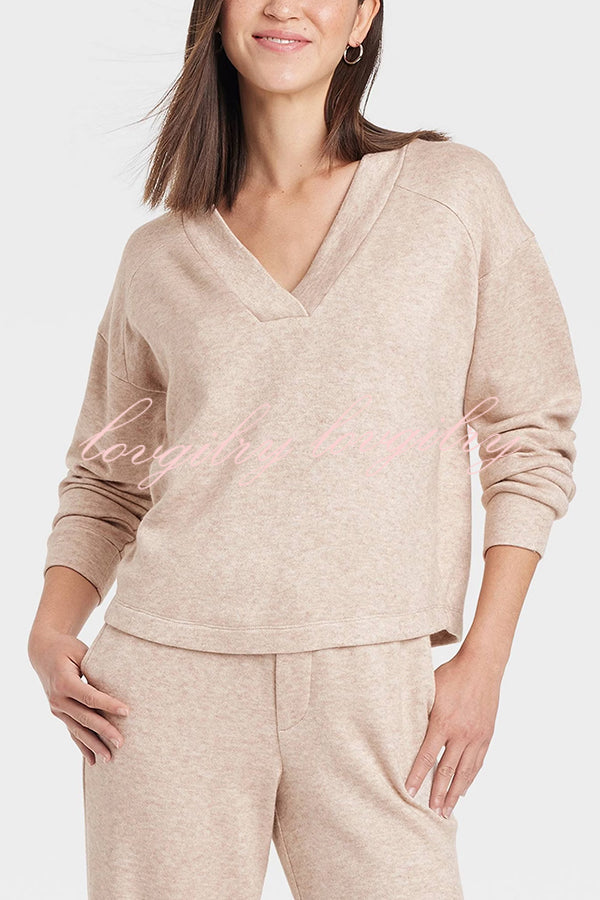 Oatmeal Morning Solid Color V-neck Sweatshirt and Elastic Waist Pocketed Lounge Pants Set