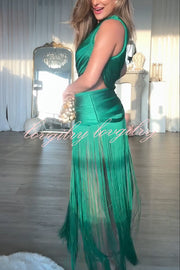 Dancing Miracle One Shoulder High Waist Hollow Design Tassel Hem Drape Mini Dress