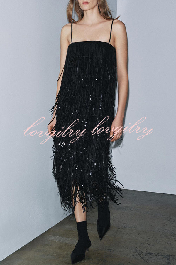 Chic Celebration Layered Sequined Tassels Slip Strapless H-line Midi Dress