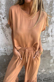 Solid Color Crew Neck Short-sleeved Casual Top and Elastic Waist Tie Pocket Wide Leg Pants Set