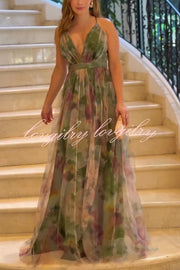 Kerrie Tulle Render Floral Print Cross Back Straps Maxi Dress