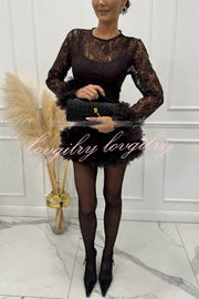 Alyssa Lace Fabric Tulle Layered Petals Trim Long Sleeve Mini Dress