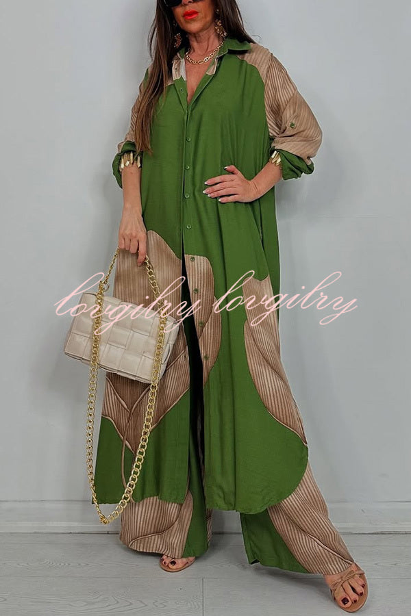 Unique Printed Casual Loose Long Shirt and Elastic Waist Pocket Wide Leg Pants Set