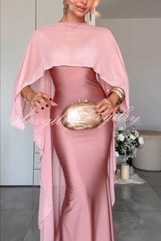 Party Charm Satin Sheer Chiffon High Low Cape Slip Maxi Dress