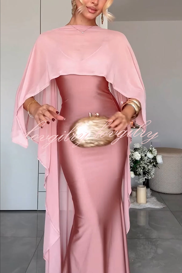 Party Charm Satin Sheer Chiffon High Low Cape Slip Maxi Dress