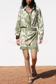 Blend Into Leaves Linen Blend Unique Print Long Sleeve Blouse and Wrap Tie-up Mini Skirt Set