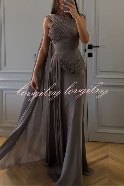 Solid Color Satin Sleeveless Waist Elegant Pleated Ribbon Maxi Dress