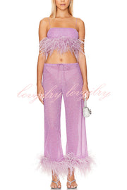 Music Carnival Glitter Stretch Fabric Feather Trim Tank and Elastic Waisted Flared Pants Set