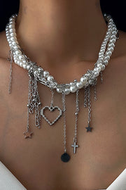 Elegant Pearl Beaded Tassel Heart Chain Necklace