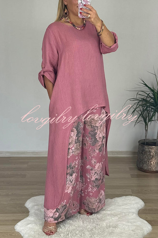 Linen Blend Crew Neck Long Sleeve Irregular Loose Top and Elastic Waist Floral Print Casual Pocket Set