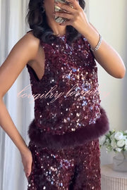 Gala Goddess Sequin Faux Fur Trim Crew Neck Sleeveless Loose Top