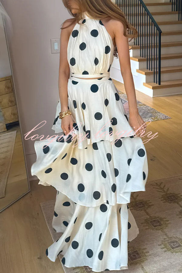 Gift To You Polka Dot Print High Neck Sleeveless Top and Layered Hem Maxi Skirt Set