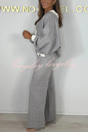 Fashion Contrast Color V-neck Loose Cardigan and Elastic Waist Casual Pants Set