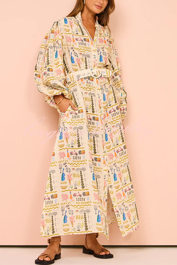 Country Cutie Unique Print Long Sleeve Belted Pocket Shirt Maxi Dress