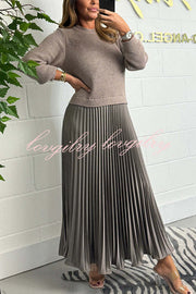 Audrey Ribbed Knit Long Sleeve Top Patchwork Satin Pleated Maxi Dress