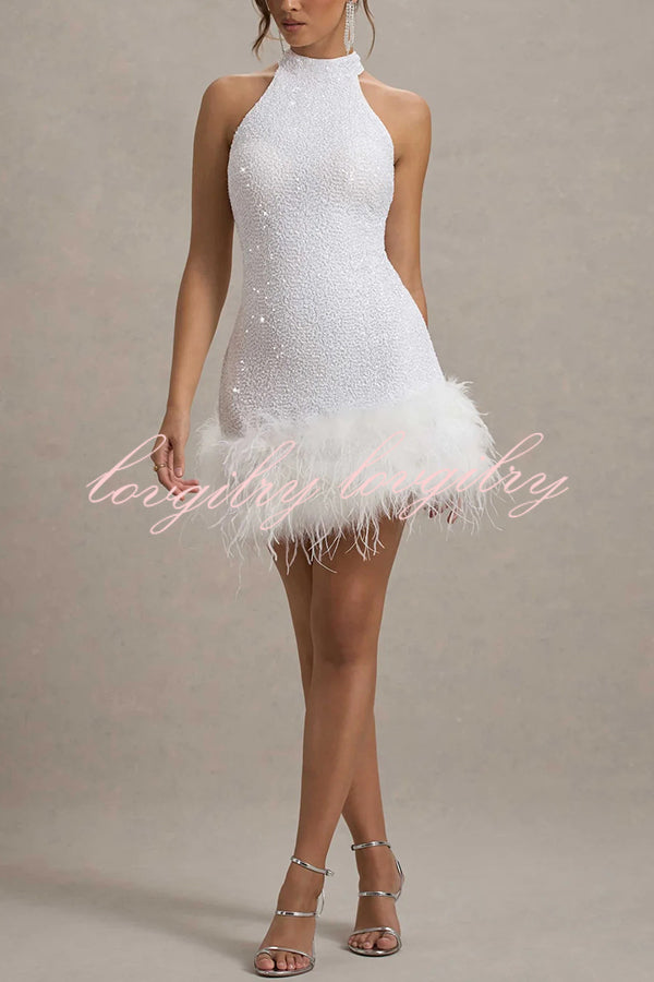 Dazzling and Playful Sequin High Neck Feather Trim Stretch Mini Dress