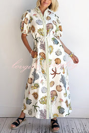 Beach Shell Print Puff Sleeve Tie-Waist Casual Midi Dress
