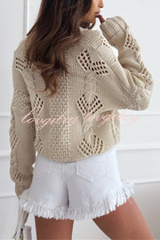 Fashion Hollow Long Sleeve V-neck Button Loose Knitted Cardigan