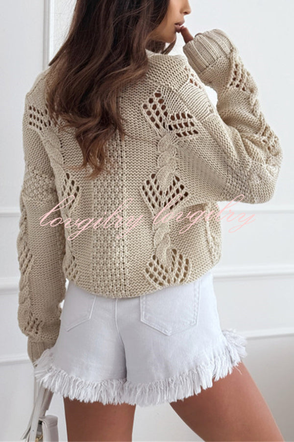 Fashion Hollow Long Sleeve V-neck Button Loose Knitted Cardigan