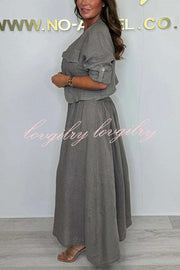 Solid Color Casual Short Jacket and Suspender Pleated Maxi Dress Set