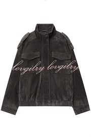 Fashionable Suede Loose Pocket Leather Jacket