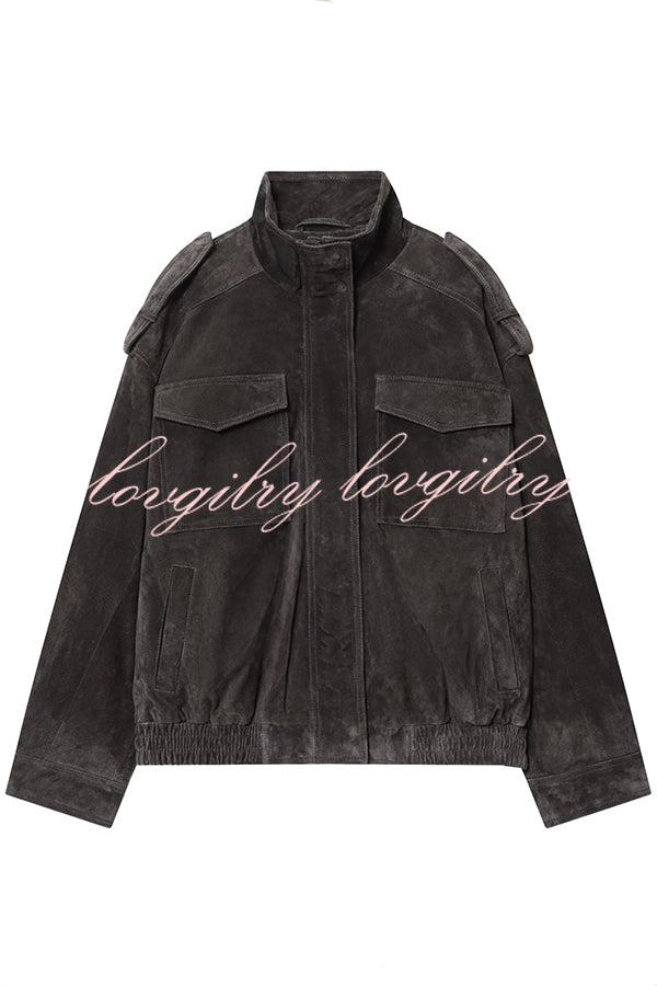 Fashionable Suede Loose Pocket Leather Jacket