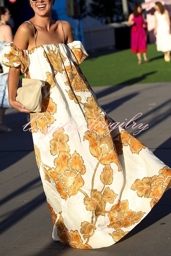 Floral Print Suspenders Puff Sleeves Loose Pocket Holiday Maxi Dress