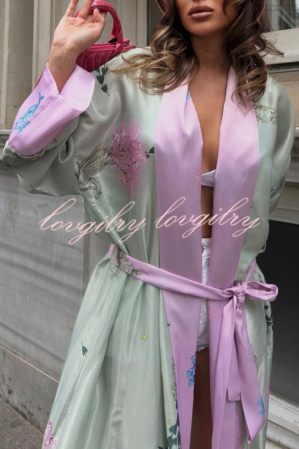 Karty Satin Unique Print Long Sleeve Belt Lapel Kimono Cover-ups