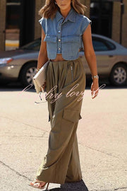 Great Week Pleated Elastic Waist Zipper Pocket Wide Leg Cargo Pants