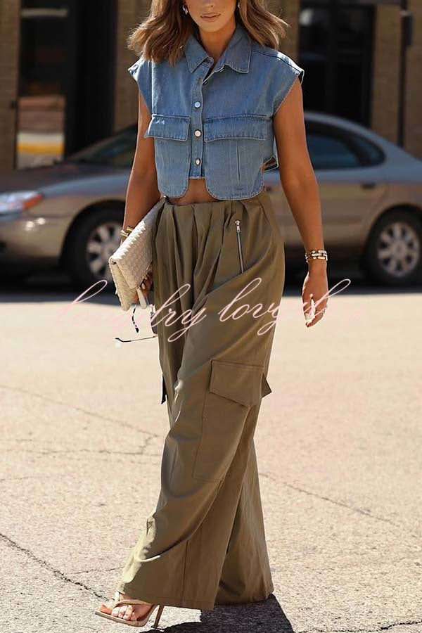 Great Week Pleated Elastic Waist Zipper Pocket Wide Leg Cargo Pants